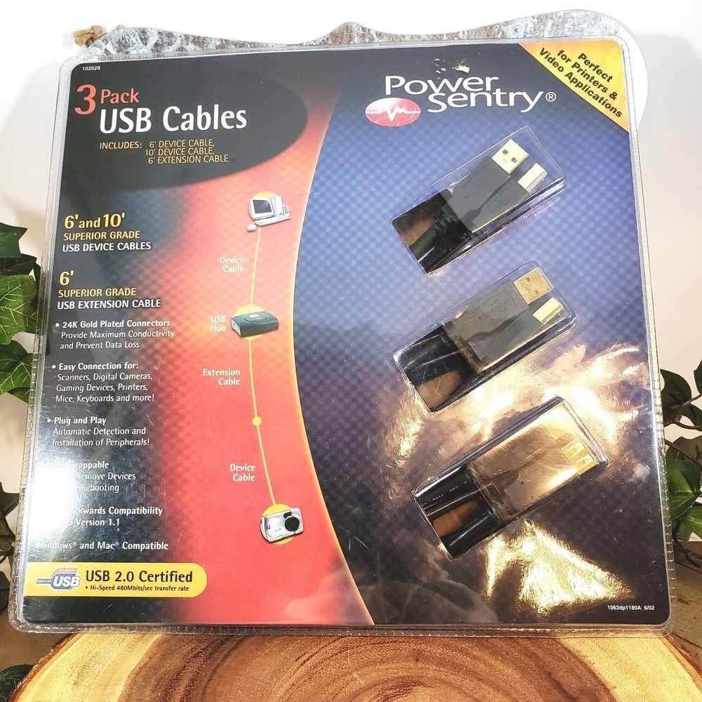 Power Sentry 3-pack USB Cables 24K Gold Plated Connectors Two-6′ & One-10′‎